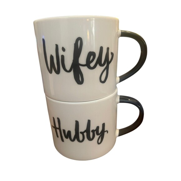 Wifey Hubby Porcelain Coffee Cup Mugs Set Stackable Newlyweds Married Life Cute - Picture 1 of 8